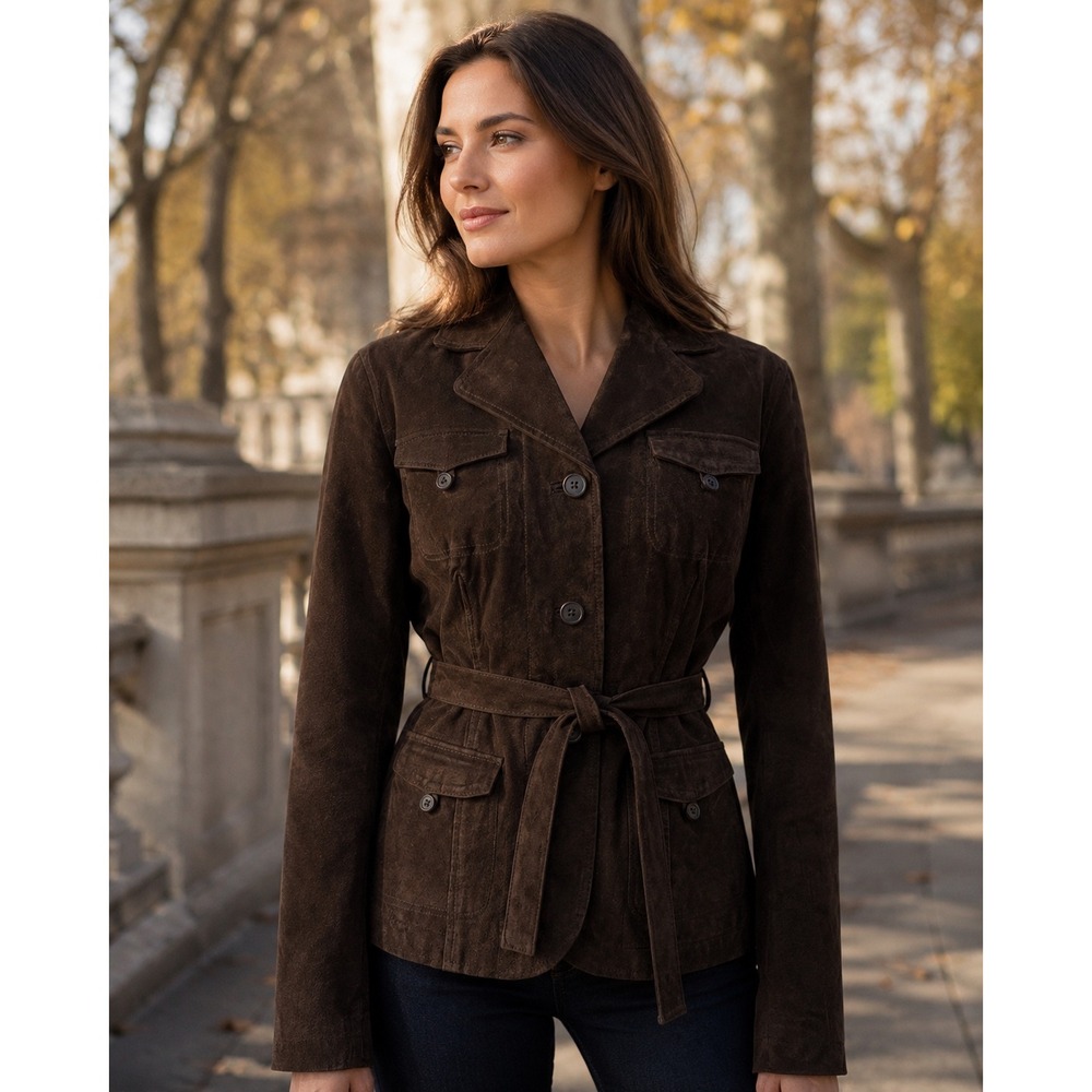 Brown Genuine Suede Leather Belted Safari Jacket Womens L Utility 4 Pocket